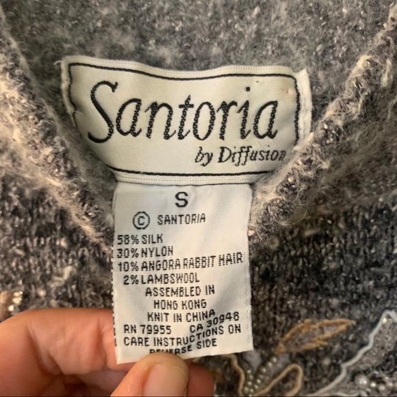 Vintage 80s light grey gold embroidered beaded floral granny sweater - Picture 9 of 12